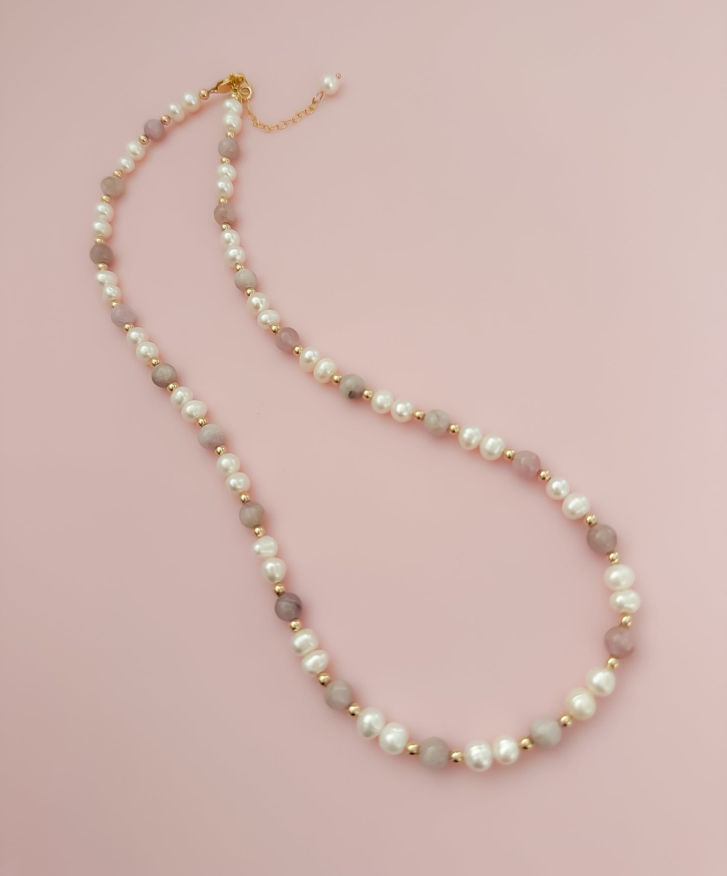 "Precious" Statement Necklace - Kunzite Gemstones and Freshwater Pearls