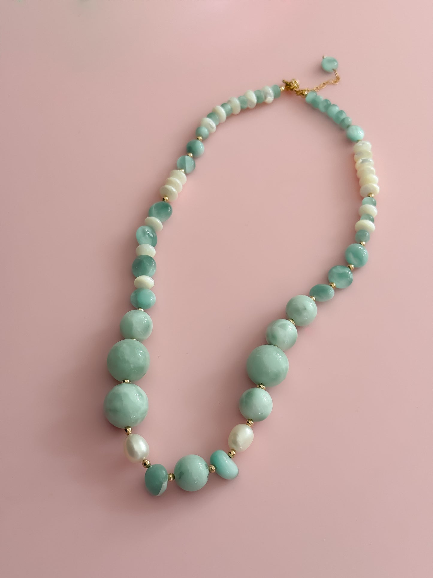 "Precious" Statement "Chunky" Necklace - Green Moonstone and Freshwater Pearls