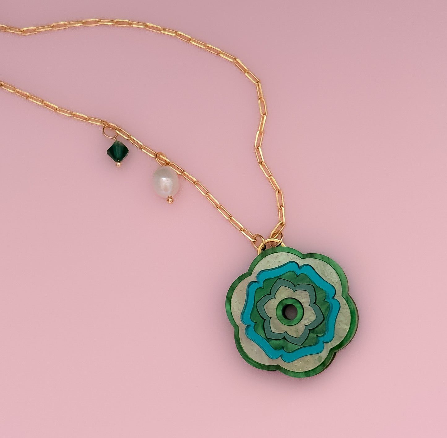 Folk Flower Charm Necklace (Emerald)
