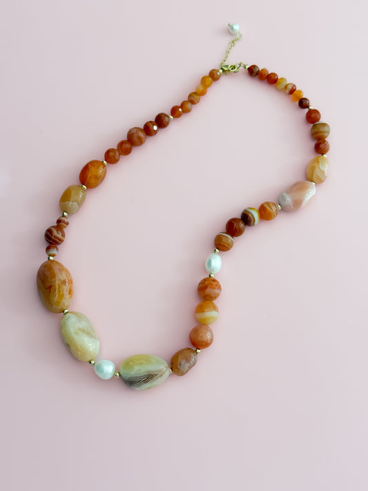 "Precious" Statement "Chunky" Necklace - Red Botswana Agate Gemstones and Freshwater Pearls