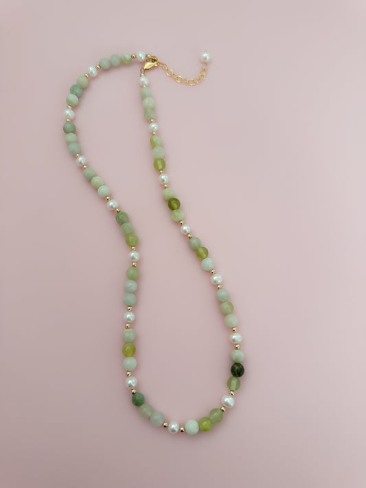 "Precious" Statement Necklace - Jade Gemstones and Freshwater Pearls