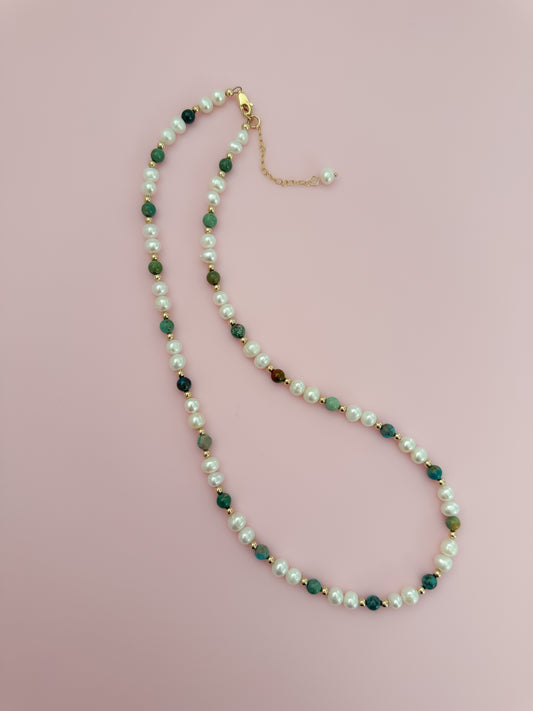 "Precious" Statement Necklace - Turquoise Gemstones and Freshwater Pearls