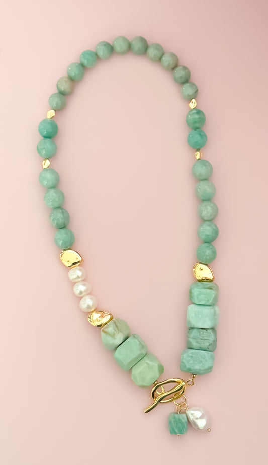 Statement Necklace -Amazonite,Keshi and Freshwater Pearls with 18k Gold Plated Beads and Components