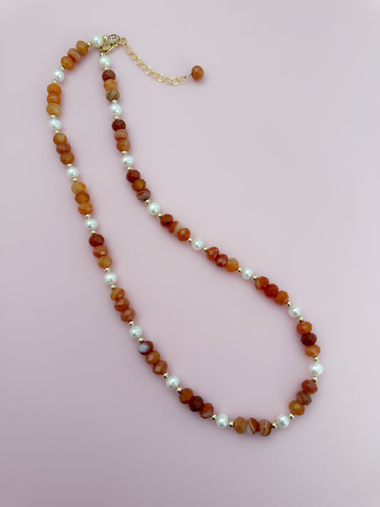 "Precious" Statement Necklace - Red Botswana Agate Gemstones and Freshwater Pearls