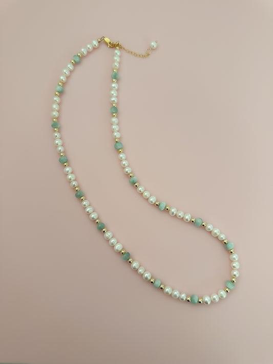 "Precious" Statement Necklace - Green Moonstone Gemstones and Freshwater Pearls