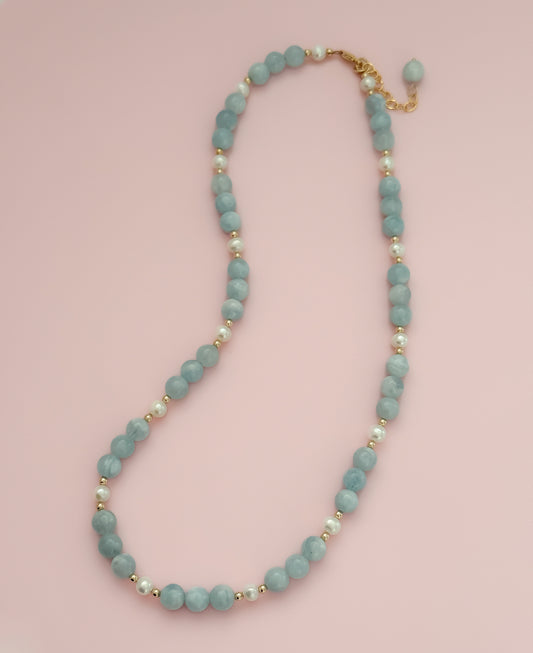 "Precious" Statement Necklace - Aquamarine Gemstones and Freshwater Pearls