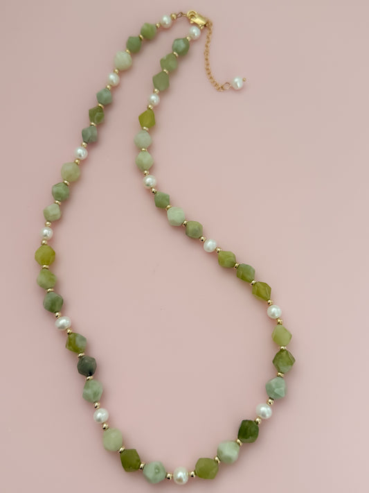 "Precious" Statement Necklace - Jade Gemstones and Freshwater Pearls