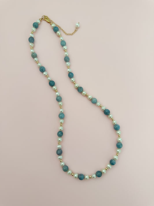 "Precious" Statement Necklace - Aquamarine Gemstones and Freshwater Pearls