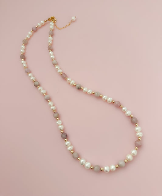 "Precious" Statement Necklace - Kunzite Gemstones and  Freshwater Pearls