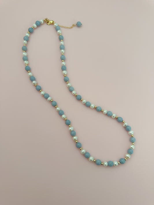 "Precious" Statement Necklace - Angelite Gemstones and Freshwater Pearls