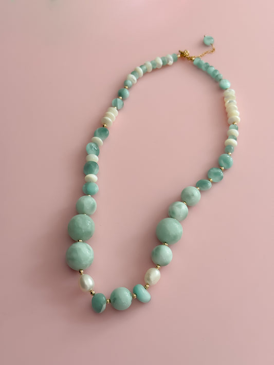 "Precious" Statement "Chunky" Necklace - Green Moonstone and Freshwater Pearls