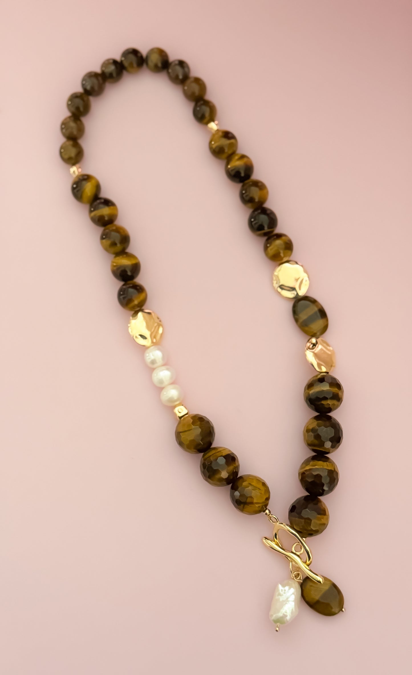Statement Necklace - Tigereye,Keshi and Freshwater Pearls with 18k Gold Plated Beads and Components