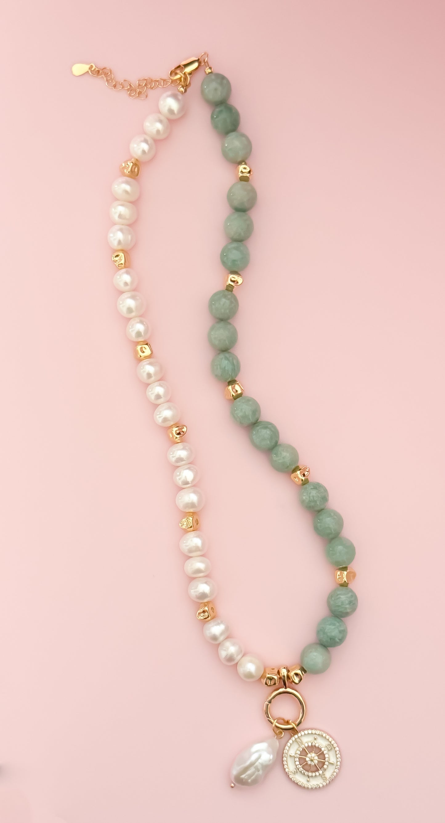Statement Necklace -Amazonite,Keshi and Freshwater Pearls with 18k Gold Plated Beads and Components