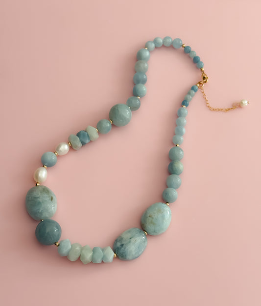 "Precious" Statement "Chunky" Necklace - Aquamarine  and Freshwater Pearls