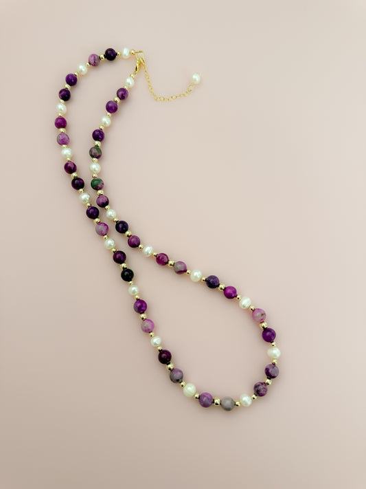 "Precious" Statement Necklace - Charoite Gemstones and Freshwater Pearls