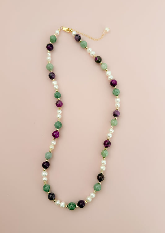 "Precious" Statement Necklace - Myanmar Jade and Chariote Gemstones with Freshwater Pearls